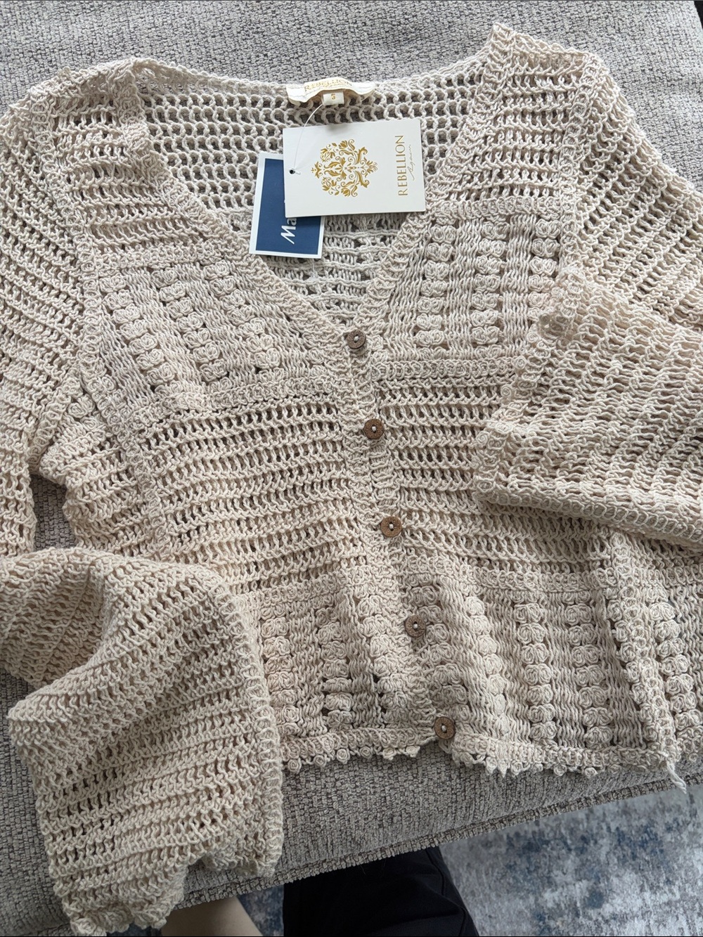 Rebellion Cream Open-Weave Button Front Cardigan